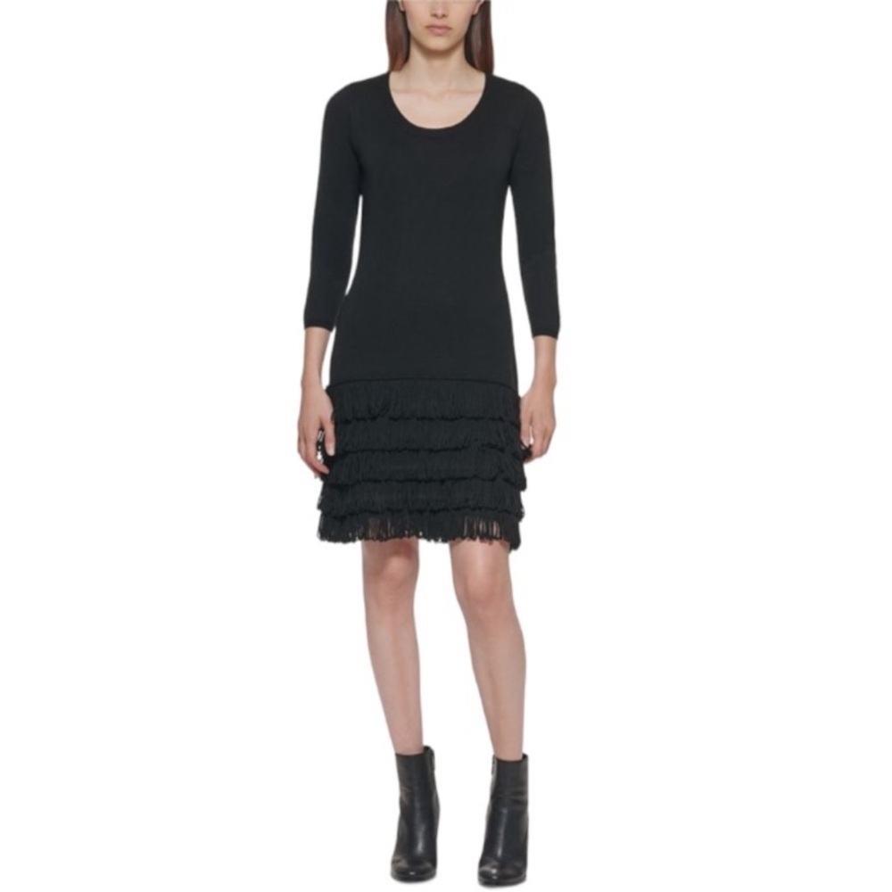 Calvin Klein Sweater Dress Womens Large Gray Fringe Hem Scoop Neck 3/4 Sleeve